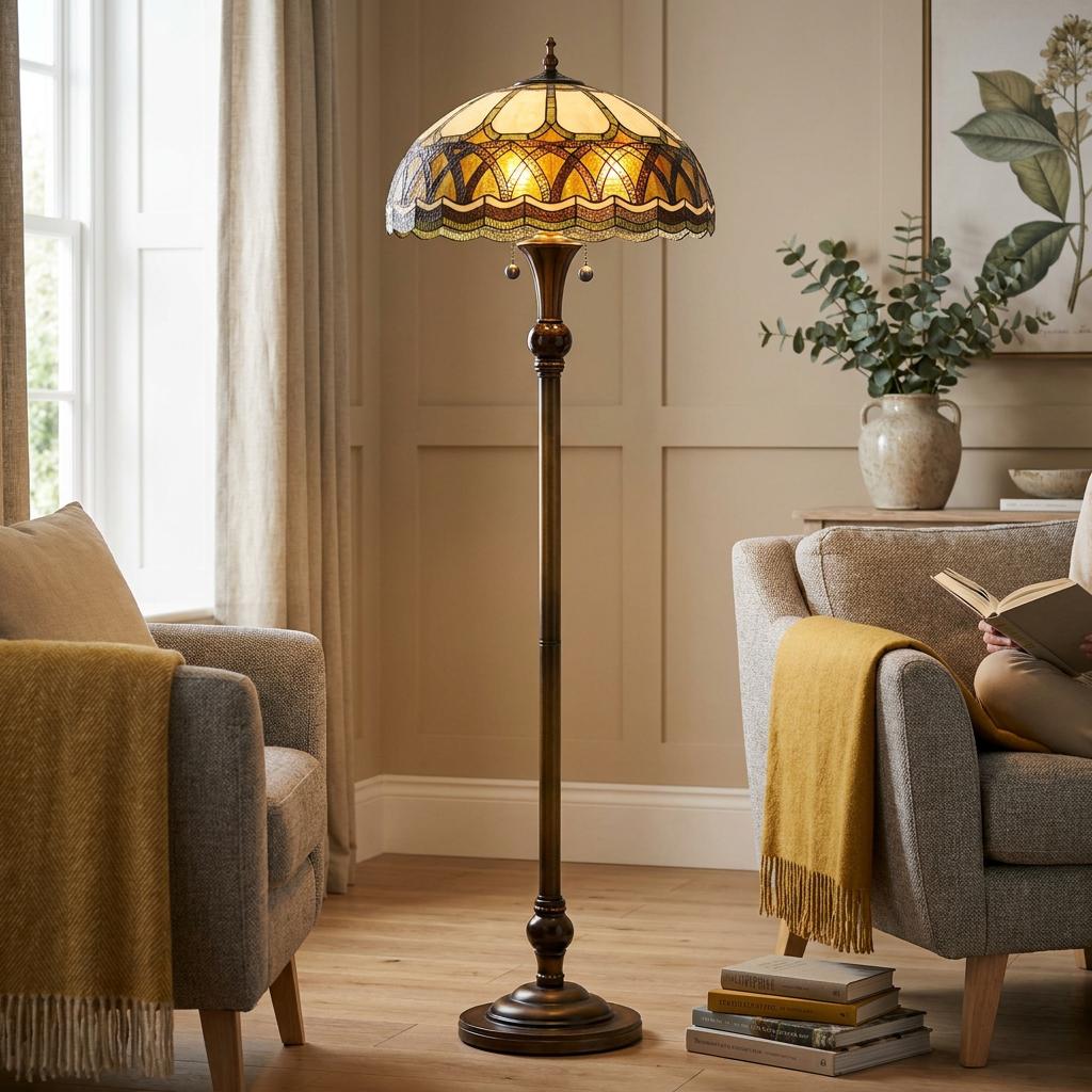 Boardwalk Tiffany floor lamp with a decorative stained glass shade positioned between two armchairs in a living room.