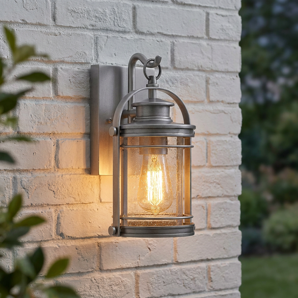 Industrial style outdoor wall lantern with a pewter finish and seeded glass mounted on a white brick wall.