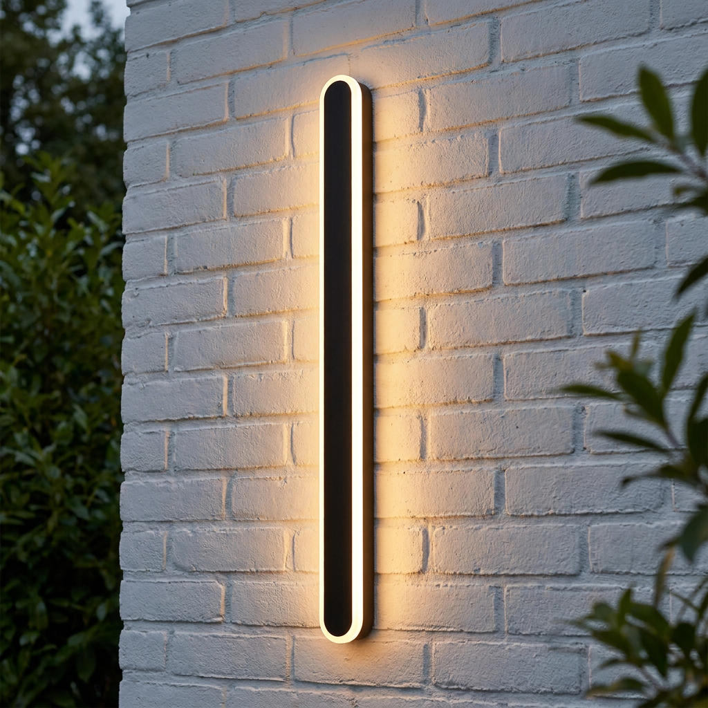 A sleek, black, 120cm vertical LED bar light emits a warm glow against a white brick exterior wall at dusk.