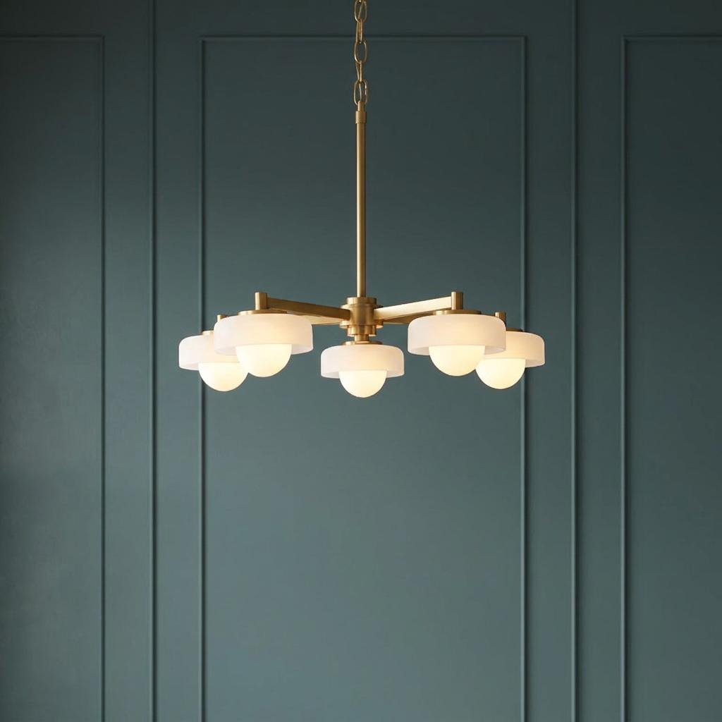 Five-light brass pendant with glowing opal glass shades against a dark green paneled wall.