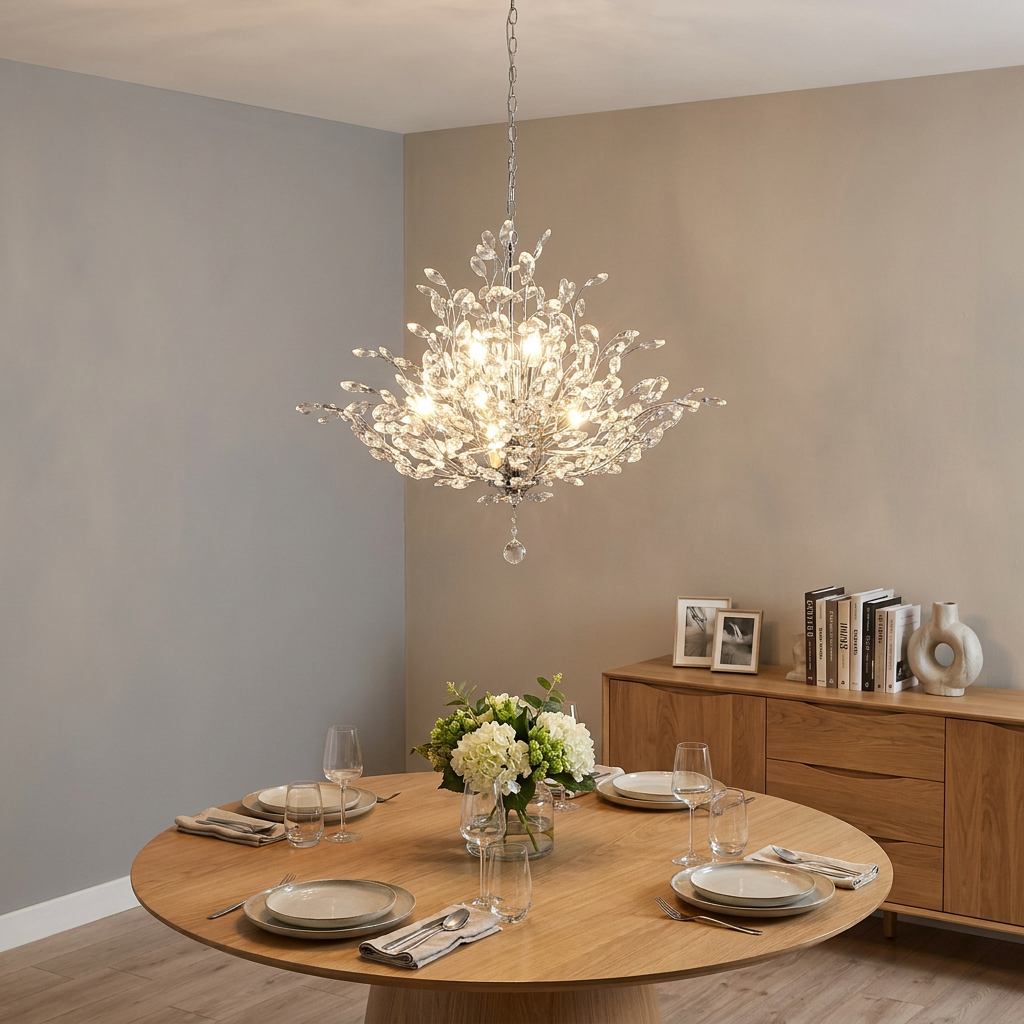 Bouquet 11 Light Chrome Ceiling Pendant with crystal glass leaves hanging over a modern wooden dining table set.