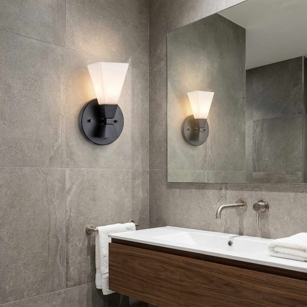 A modern black wall sconce with a white tapered shade on a grey tiled bathroom wall near a mirror.