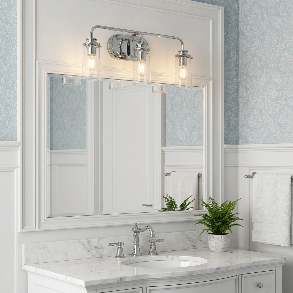 Braelyn 3-light polished chrome vanity light with clear glass shades mounted above a bathroom mirror.