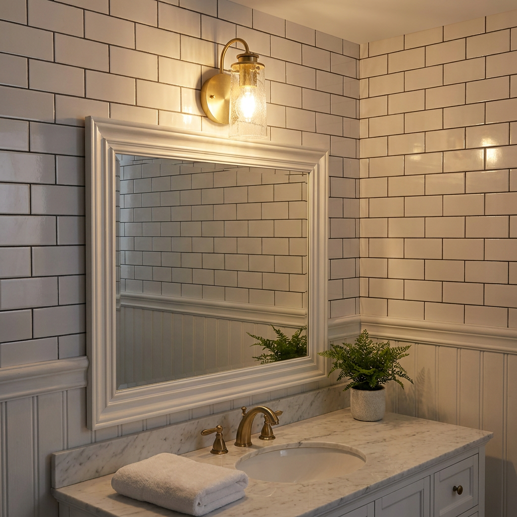 Braelyn brass wall light with a seeded glass shade mounted above a white mirror in a tiled bathroom.