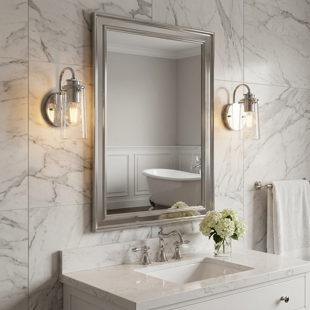 Braelyn polished chrome wall lights with seeded glass shades flanking a silver-framed mirror in a marble bathroom.