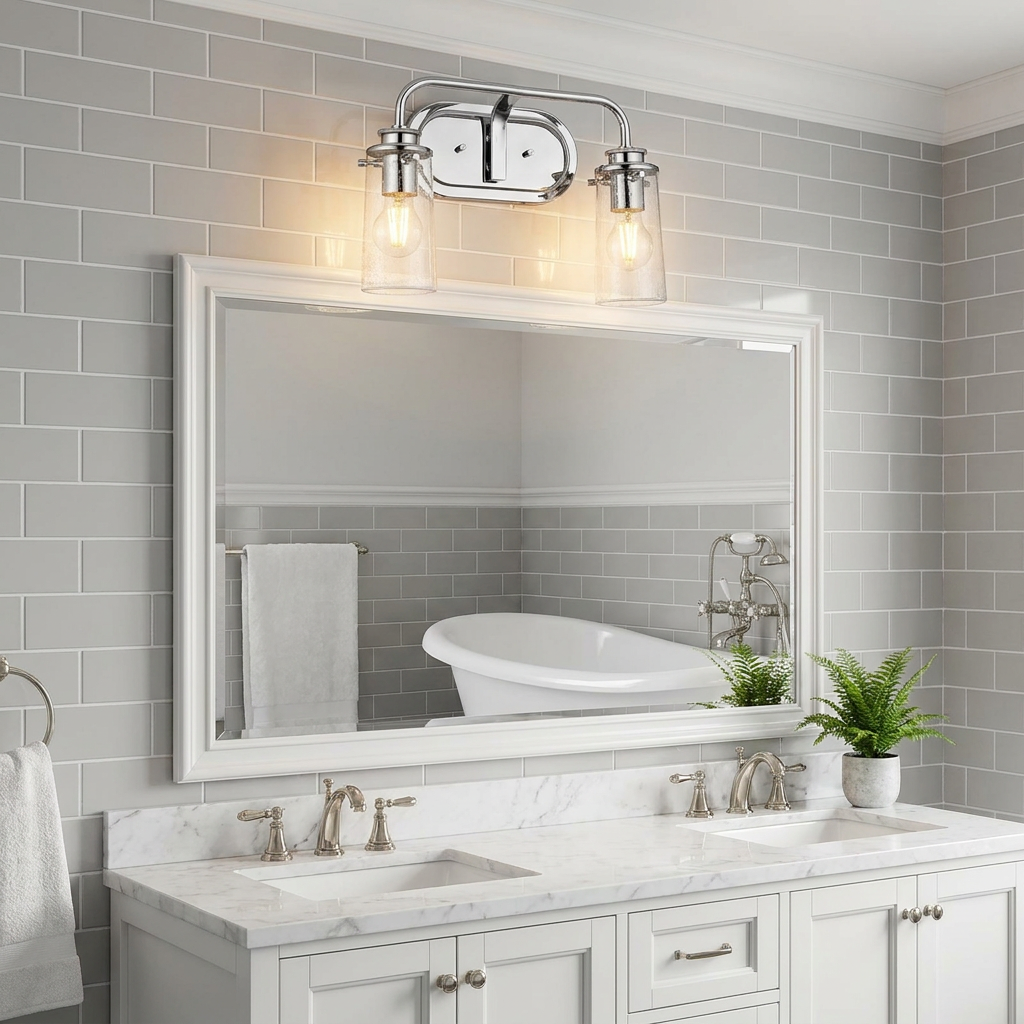Braelyn polished chrome double wall light with seeded glass shades mounted above a mirror in a grey-tiled bathroom.