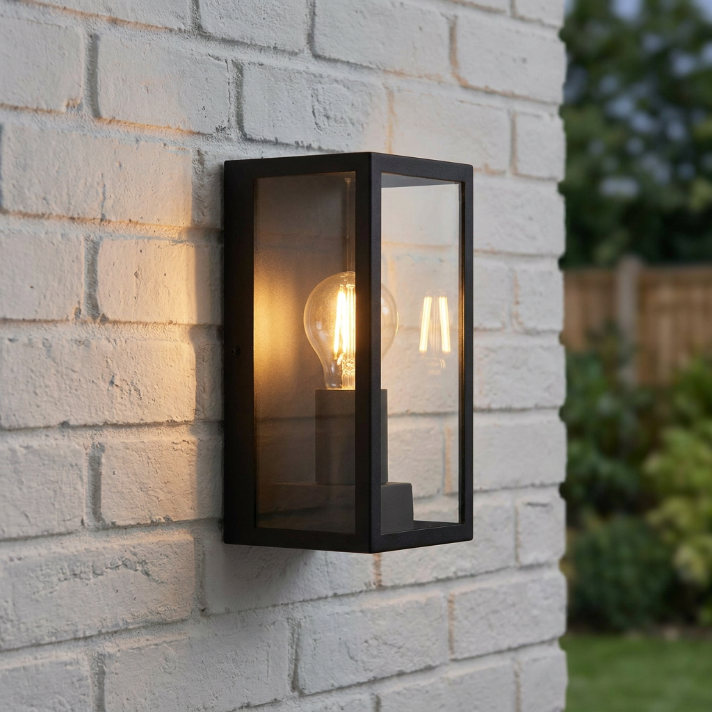 Black rectangular outdoor lantern with a glowing filament bulb mounted on a white brick wall.