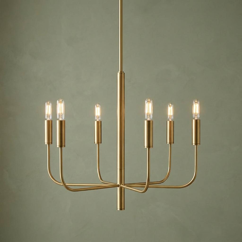 Brianna 6-light brushed brass chandelier with elegant candle-style arms and clear tube bulbs.