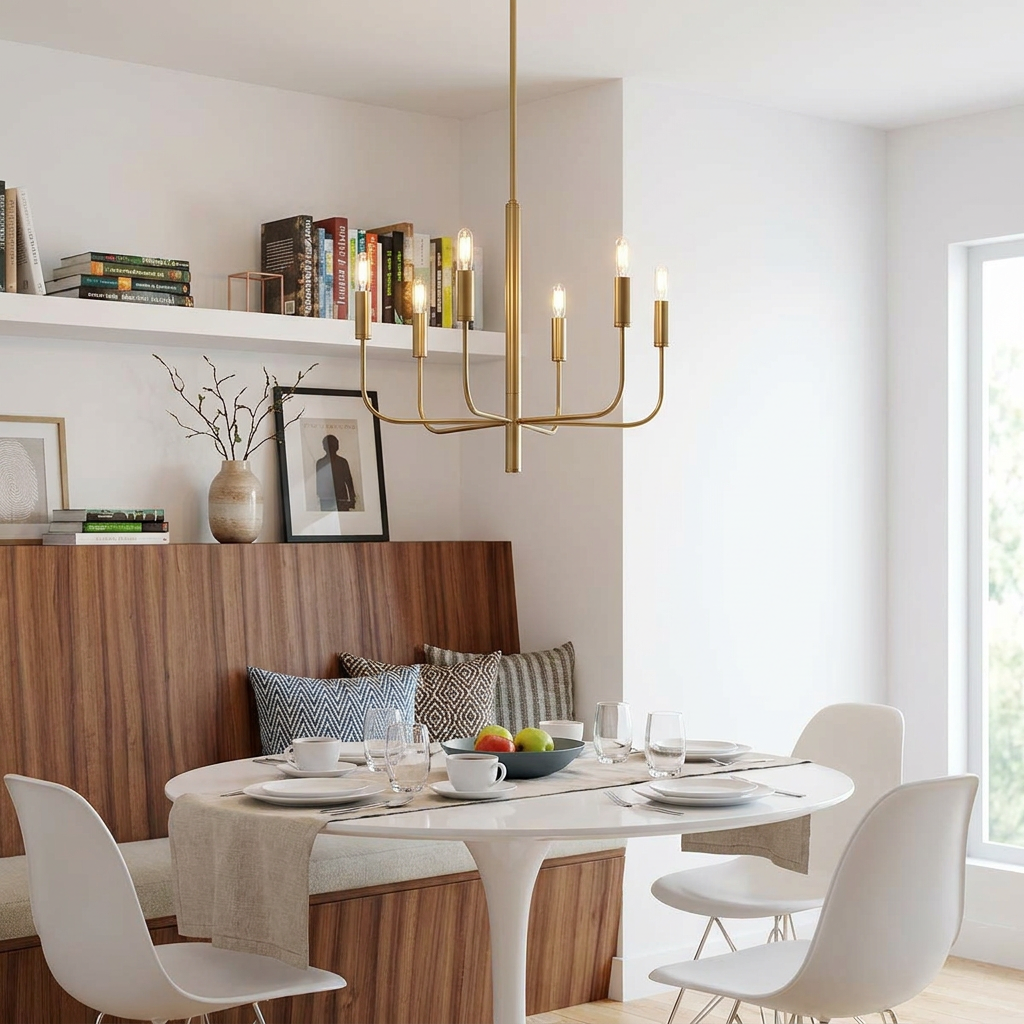 Modern 6-light brushed brass chandelier hanging over a white dining table in a bright, contemporary dining nook.