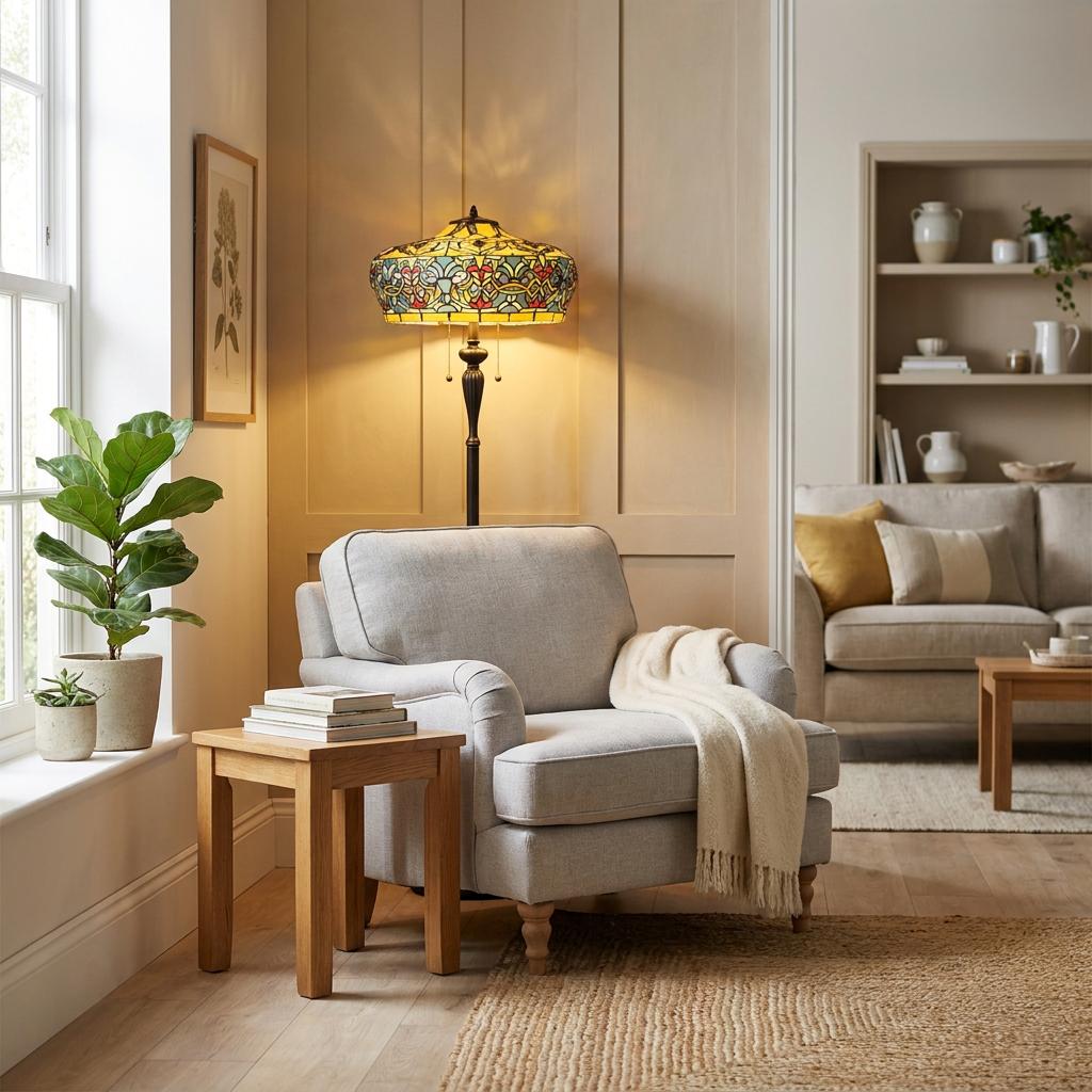 Brixham Tiffany floor lamp with a colorful stained glass shade illuminating a cozy living room reading nook.