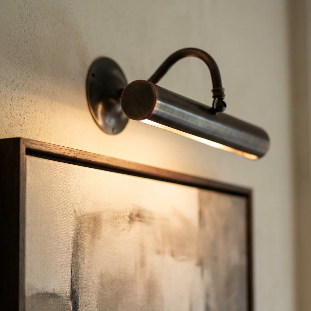 Aged bronze Bromley picture light illuminating abstract art in a wooden frame against a neutral textured wall.