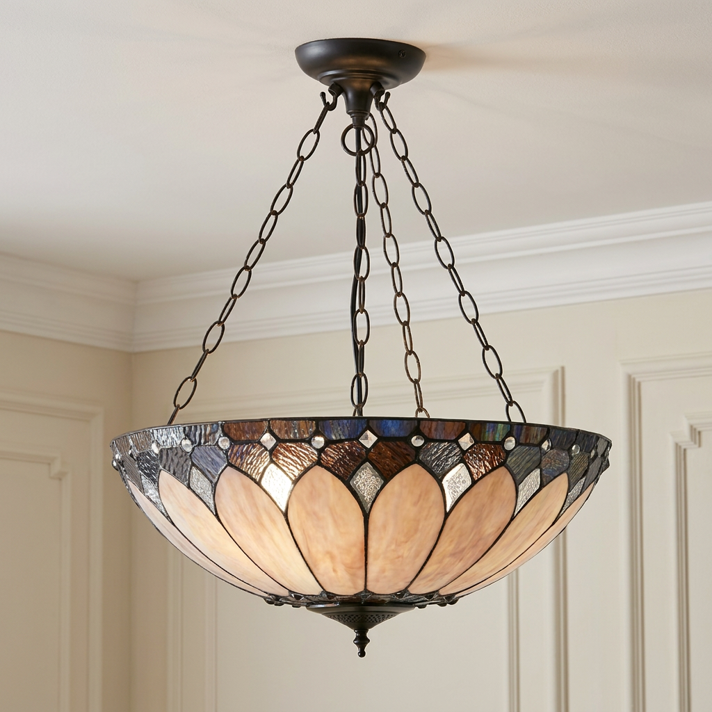 Inverted Tiffany ceiling light with a cream and blue stained-glass bowl shade hanging from bronze chains.