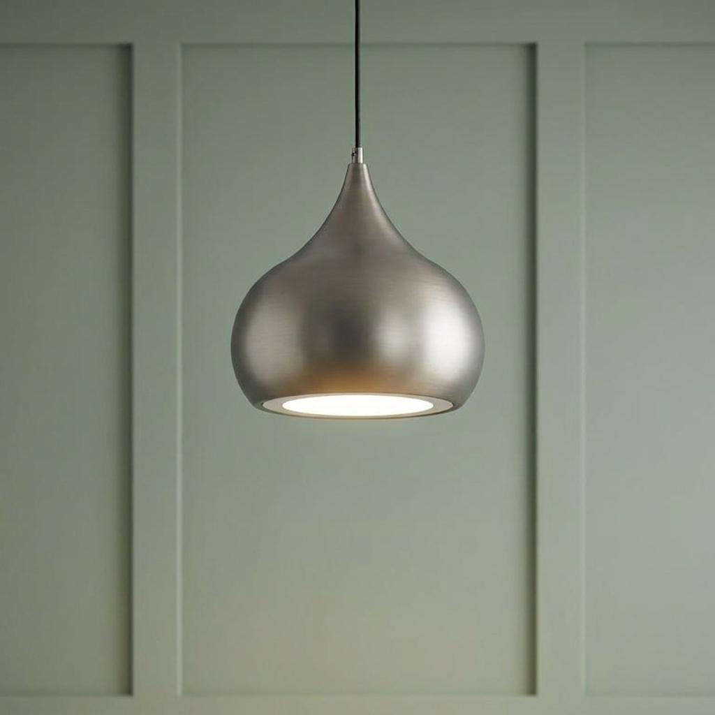 Matt nickel teardrop pendant light glowing against a sage green wood-paneled wall.