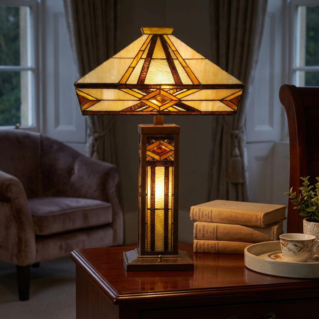 Brunswick Tiffany table lamp with Art Deco stained glass geometric patterns on a wooden table in a cozy living room.