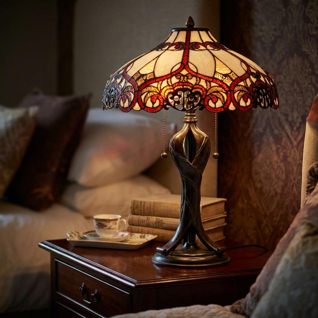 Ornate Tiffany table lamp with a red and cream stained glass shade on a dark wood bedside table in a cozy bedroom.