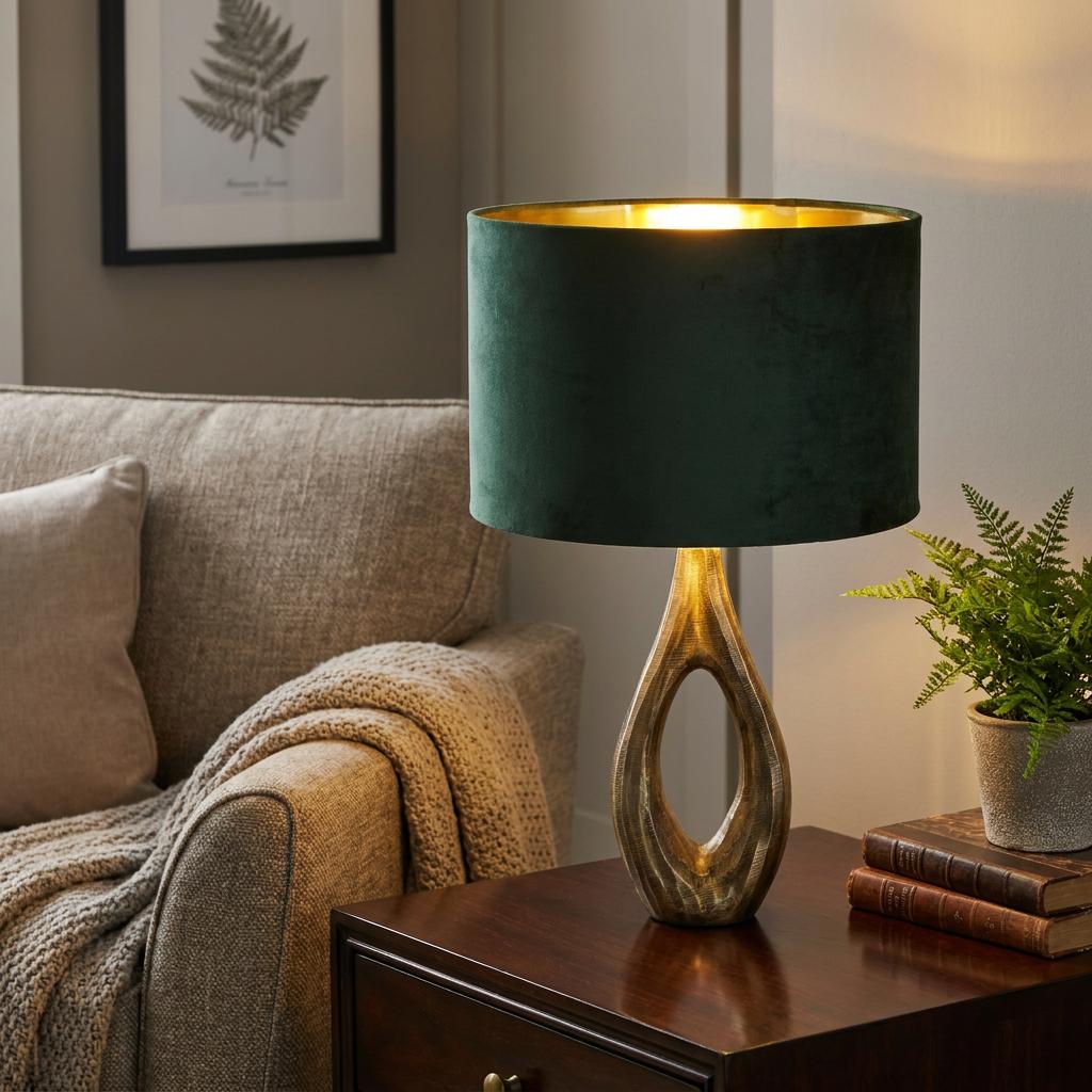 Antique brass teardrop table lamp with a green velvet shade glowing on a wooden table in a living room.