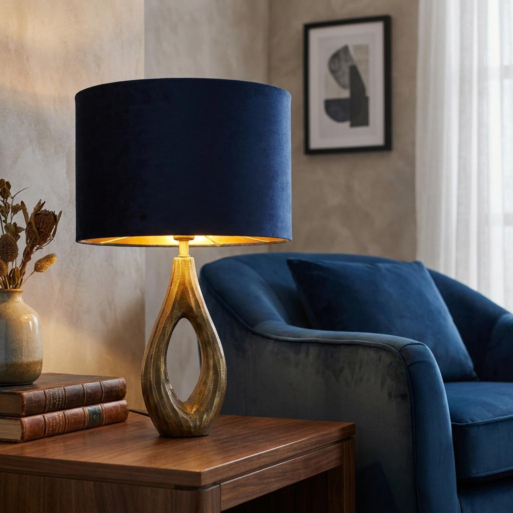 Antique brass table lamp with a navy velvet shade on a wooden side table next to a blue velvet armchair.