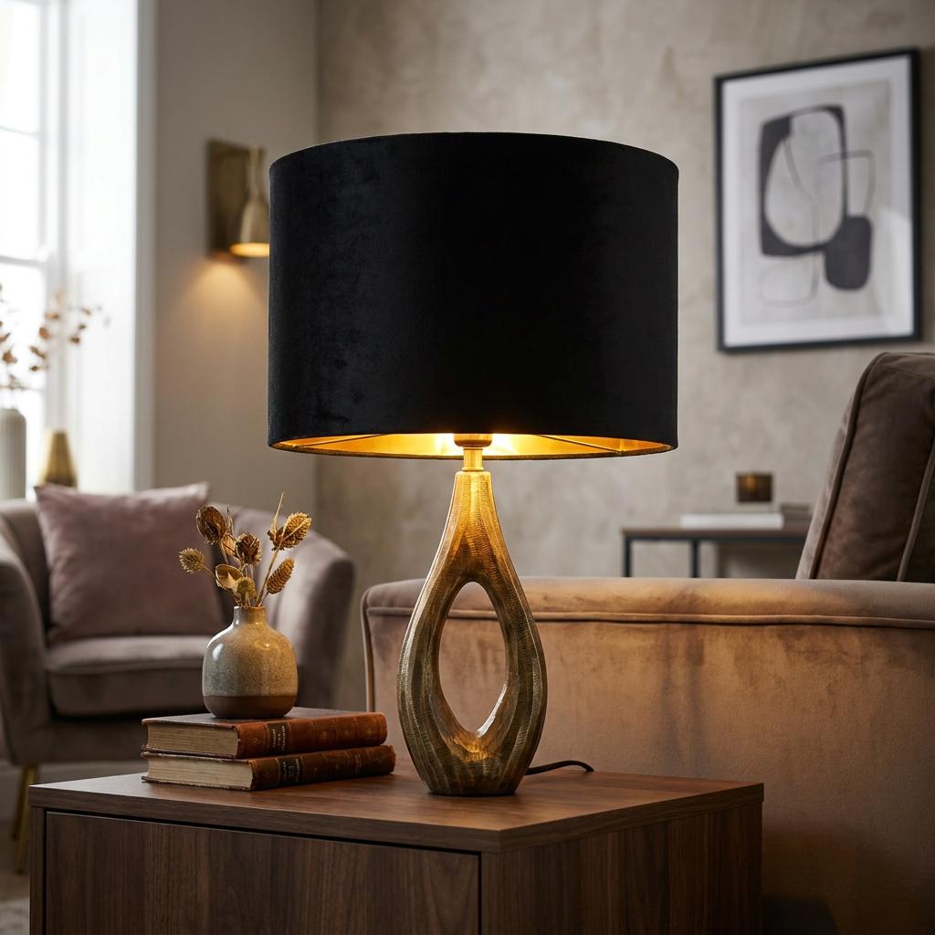 Antique brass sculptural table lamp with a black velvet shade on a wooden side table in a modern living room.