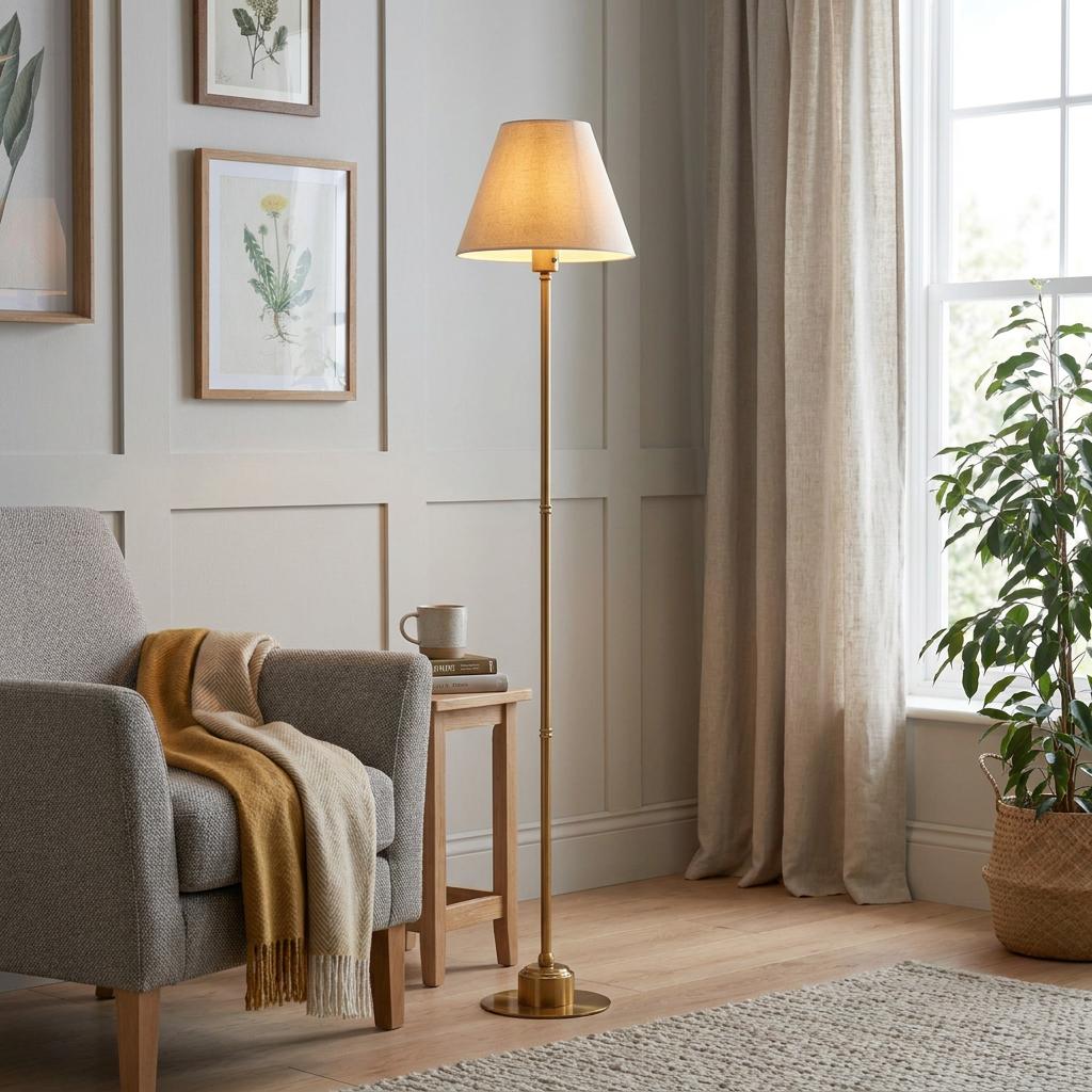 Brass floor lamp with a vintage white shade standing next to a grey armchair in a cozy, neutral living room.