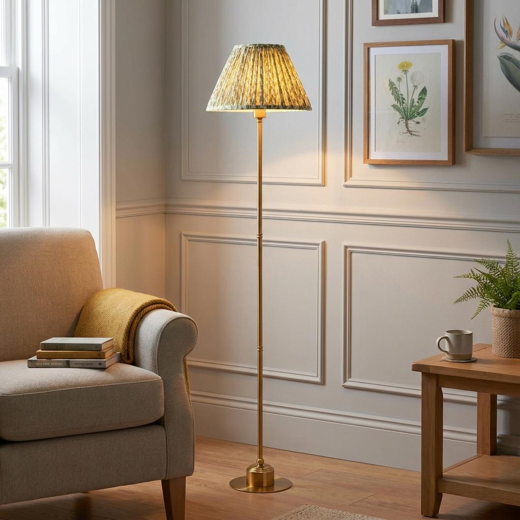 Brass floor lamp with a pleated green patterned shade in a traditional living room with wall paneling.