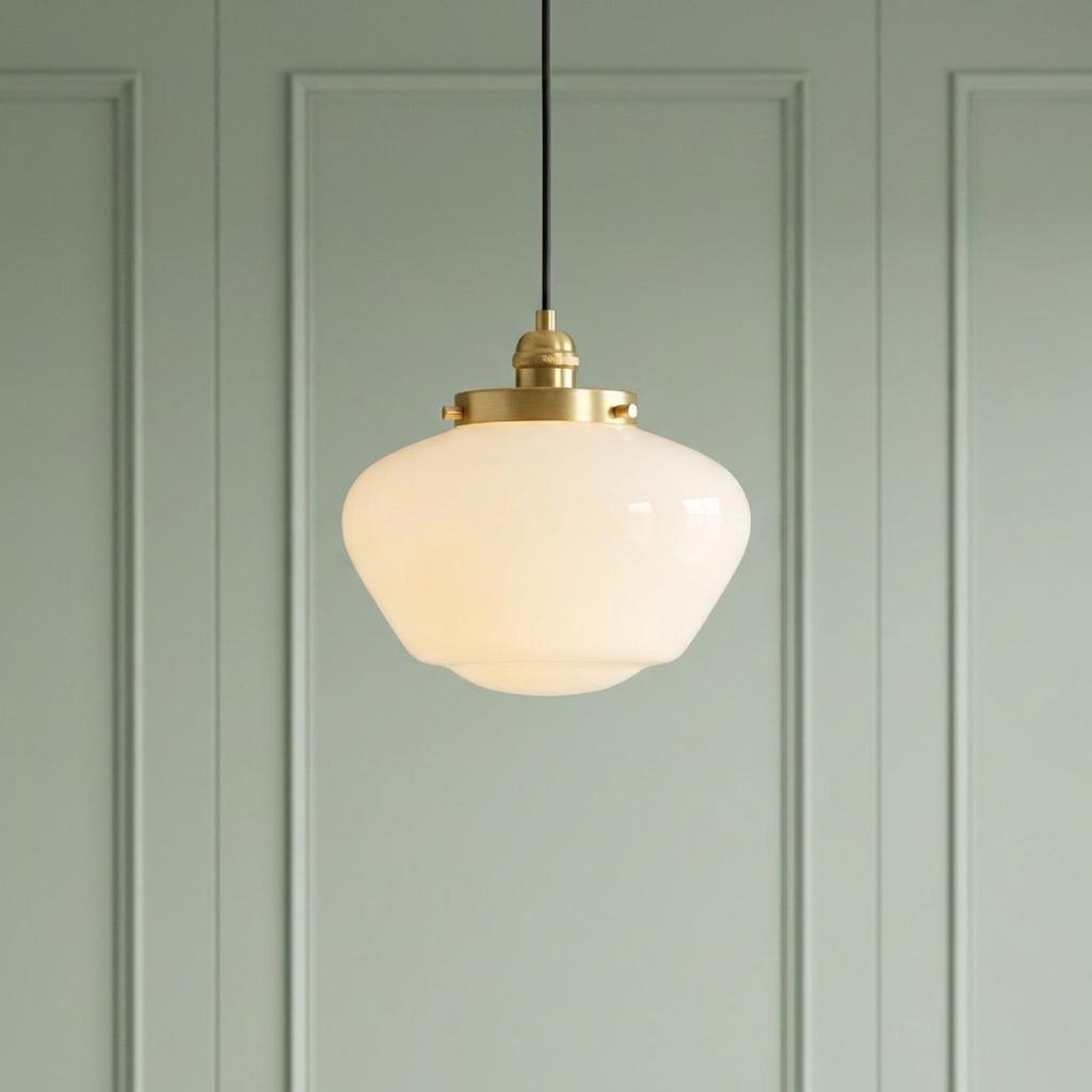Camberley brass pendant light with a white opal glass shade against a sage green panelled wall.