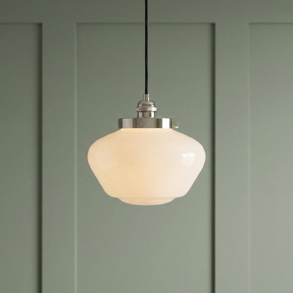 A schoolhouse pendant light with an opal glass shade and chrome hardware hangs against a sage green paneled wall.