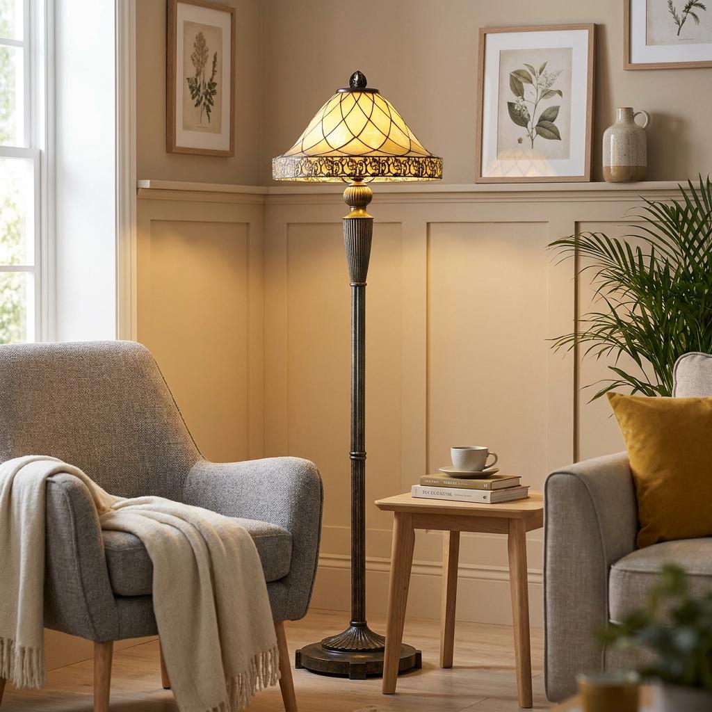 Yellow lattice Tiffany floor lamp in a cozy living room between a grey armchair and a wooden side table.