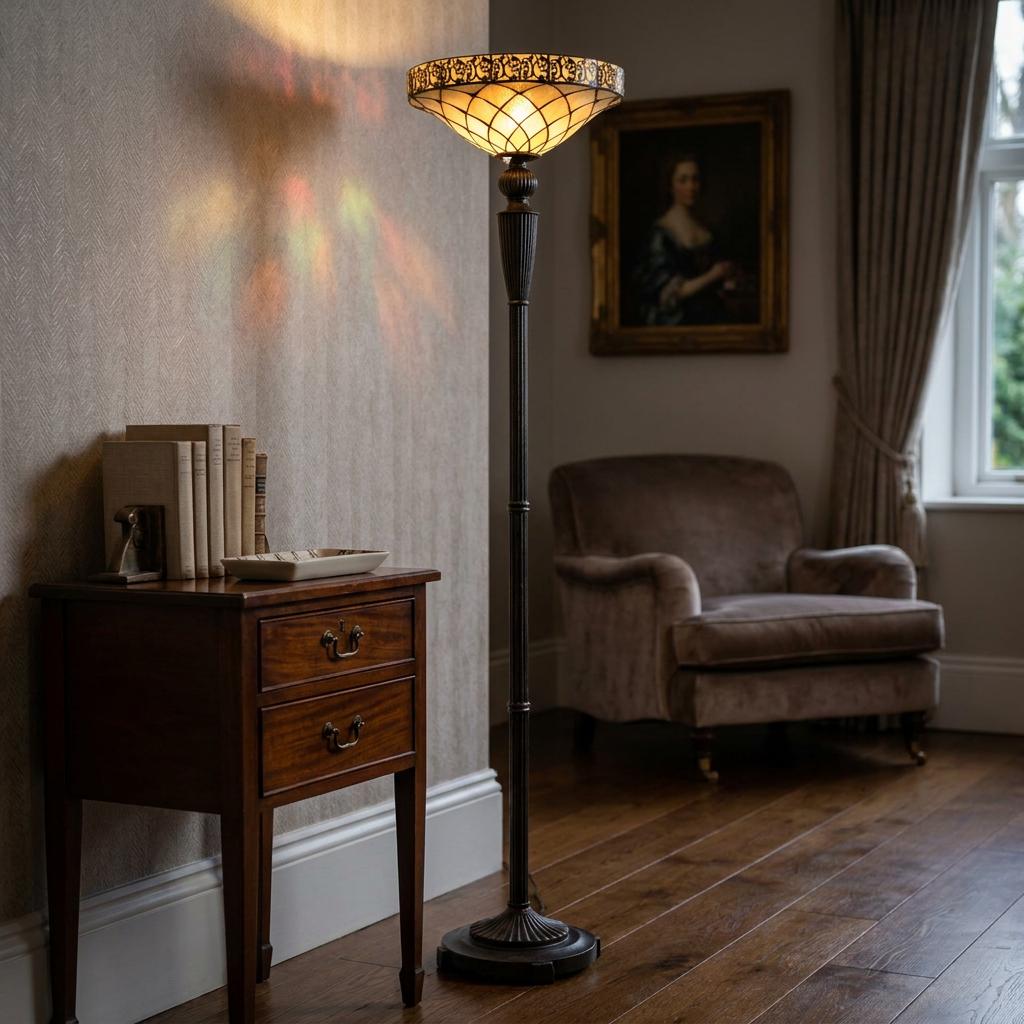 Cambridge Torchiere Tiffany Floor Lamp with amber stained glass shade casting colorful light in a classic living room.