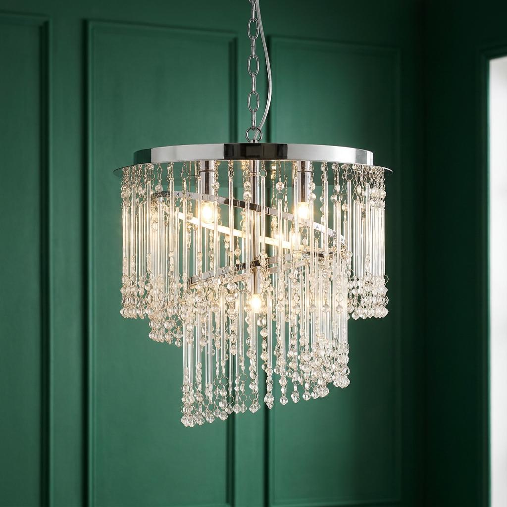Camille 4-light chrome pendant with cascading clear glass rods and beads against a dark green paneled wall.