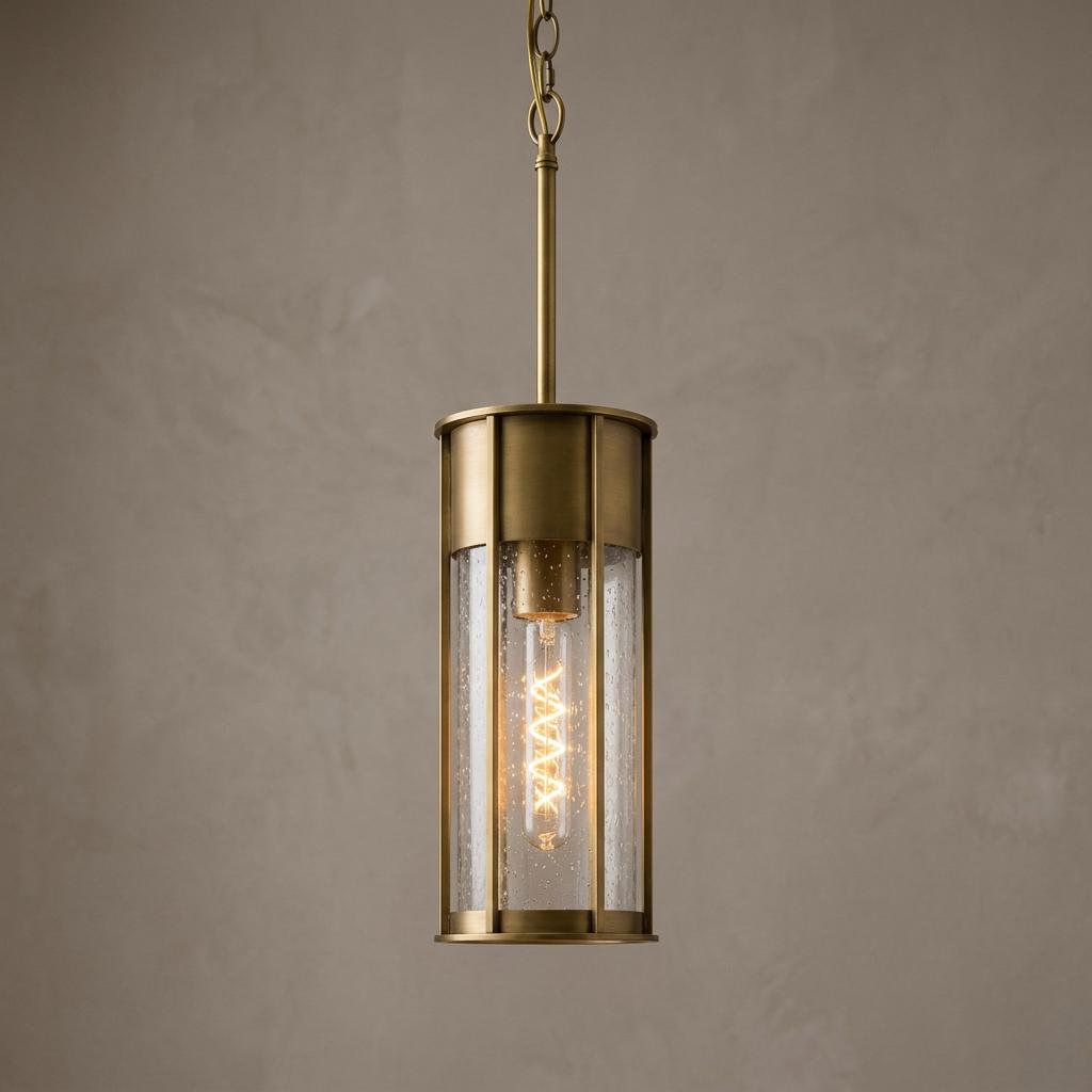 Camillo brass outdoor pendant light with a cylindrical seeded glass shade and glowing Edison bulb.