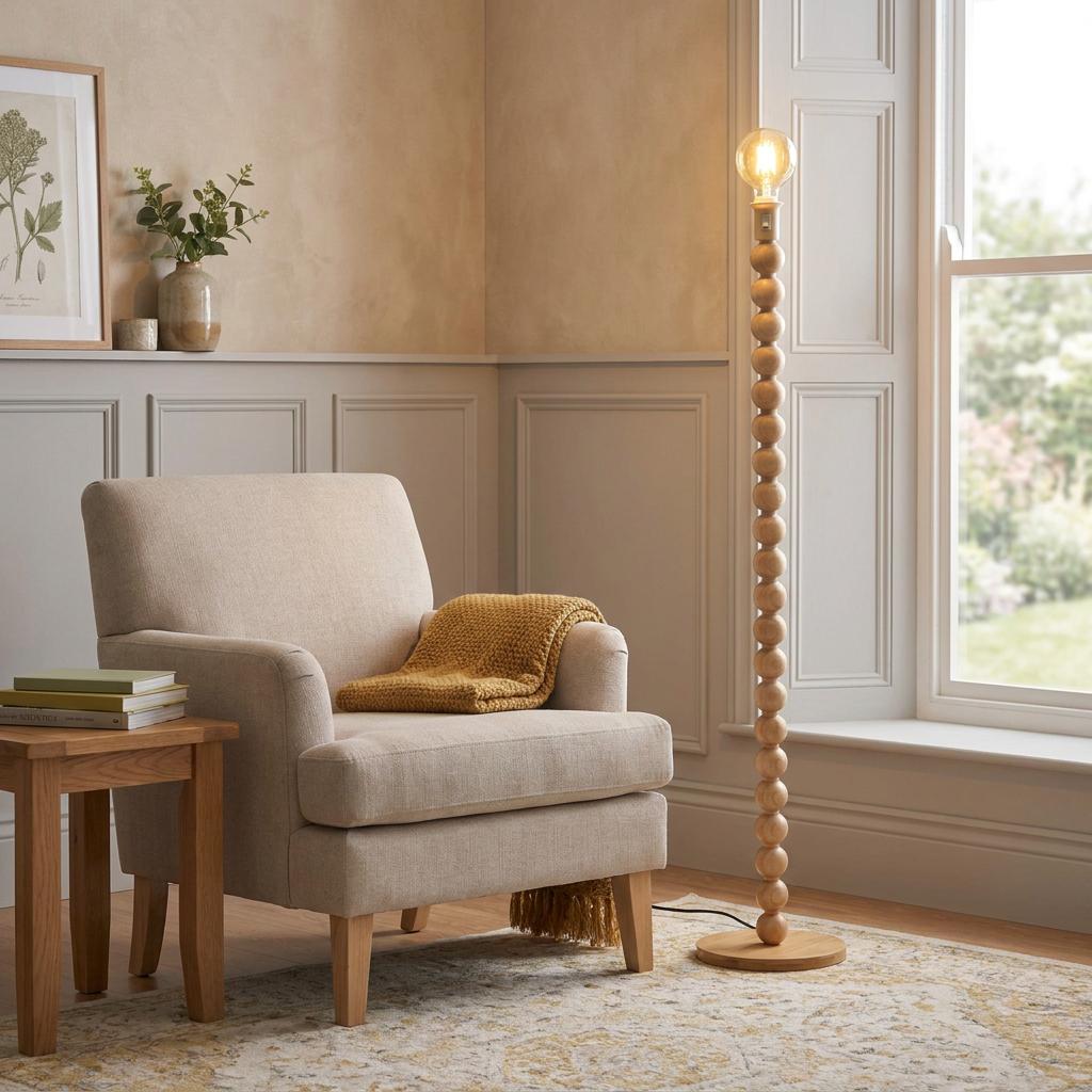 A floor lamp with a stacked wooden bead base and glowing globe bulb stands next to an armchair in a cozy living room.