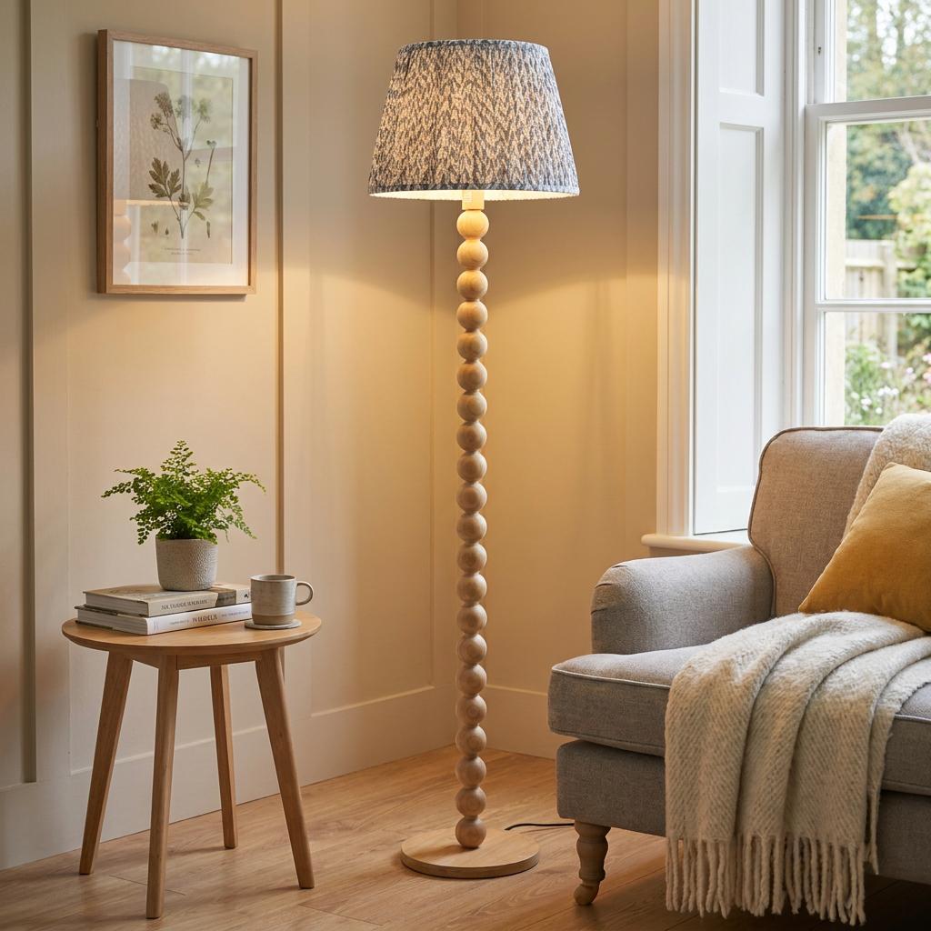 Wooden beaded floor lamp with a grey leaf-patterned shade in a cozy living room corner next to an armchair.