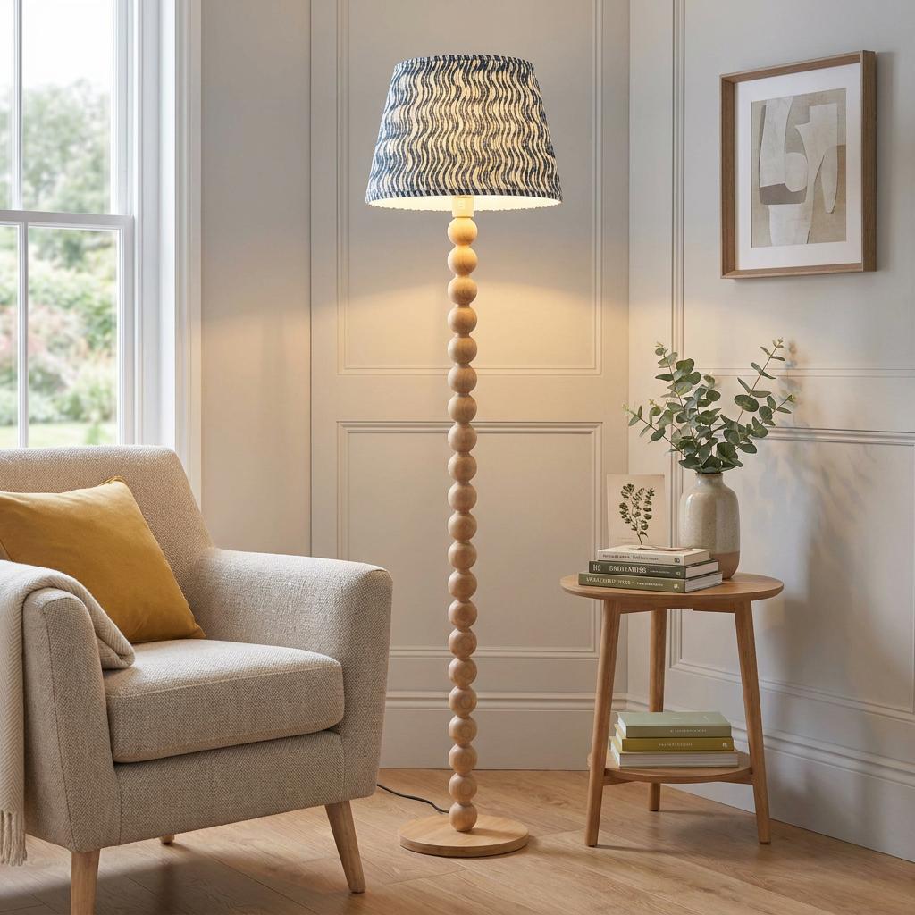 Cane bamboo floor lamp with a blue ripple shade stands between a beige armchair and a wooden side table.