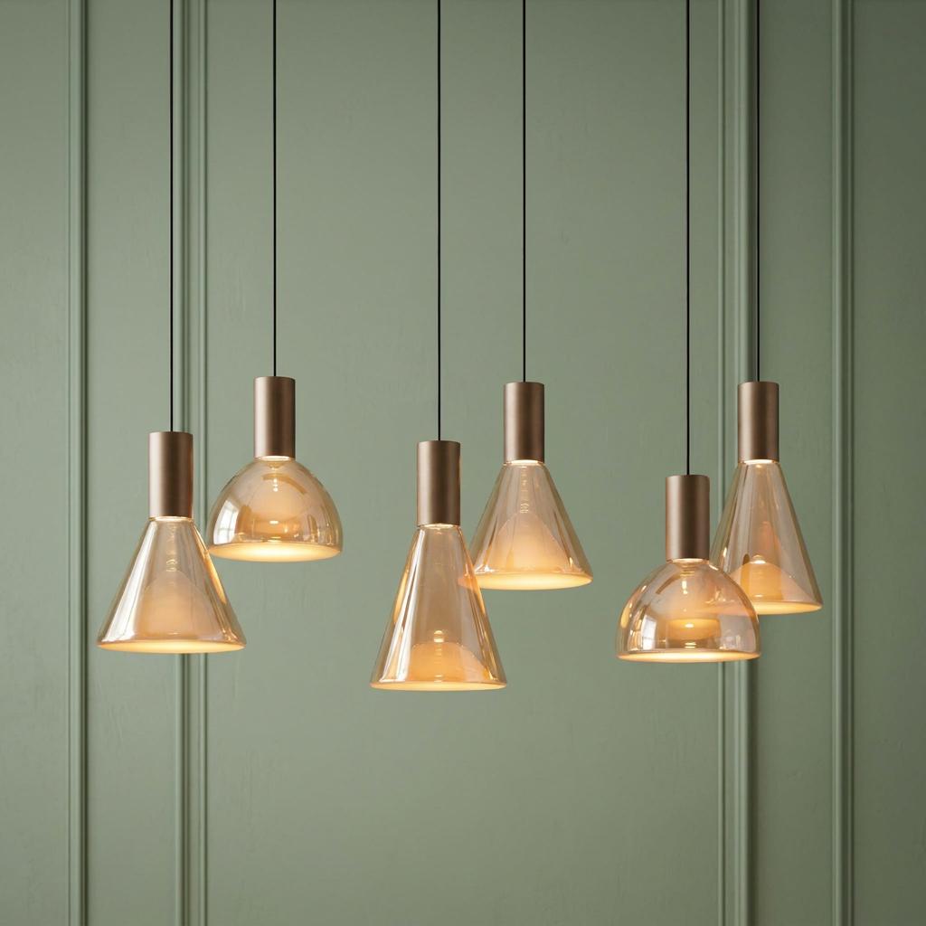 Six amber glass pendant lights with latte fixtures hanging at staggered heights against a sage green paneled wall.