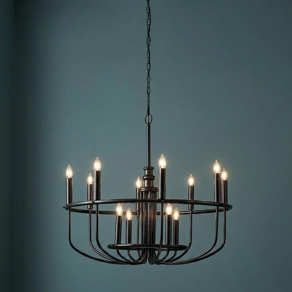 Capitol Hill 12-light black wagon wheel chandelier with lit candle-style bulbs against a dark teal wall.