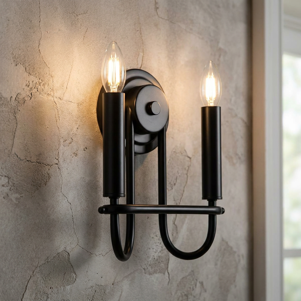 Capitol Hill black double wall sconce with glowing candle-style bulbs mounted on a textured stone wall.