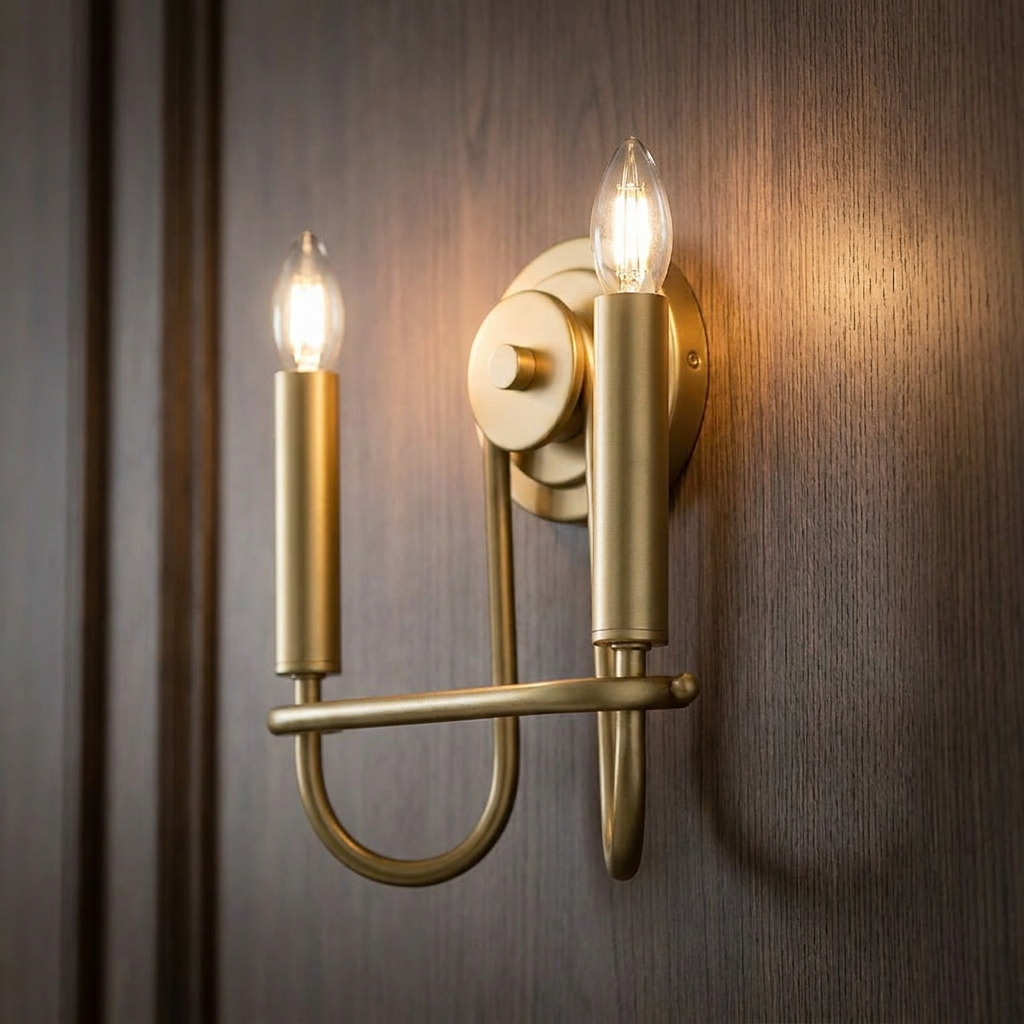 Capitol Hill brass double wall light with glowing candle bulbs mounted on dark wood paneling.