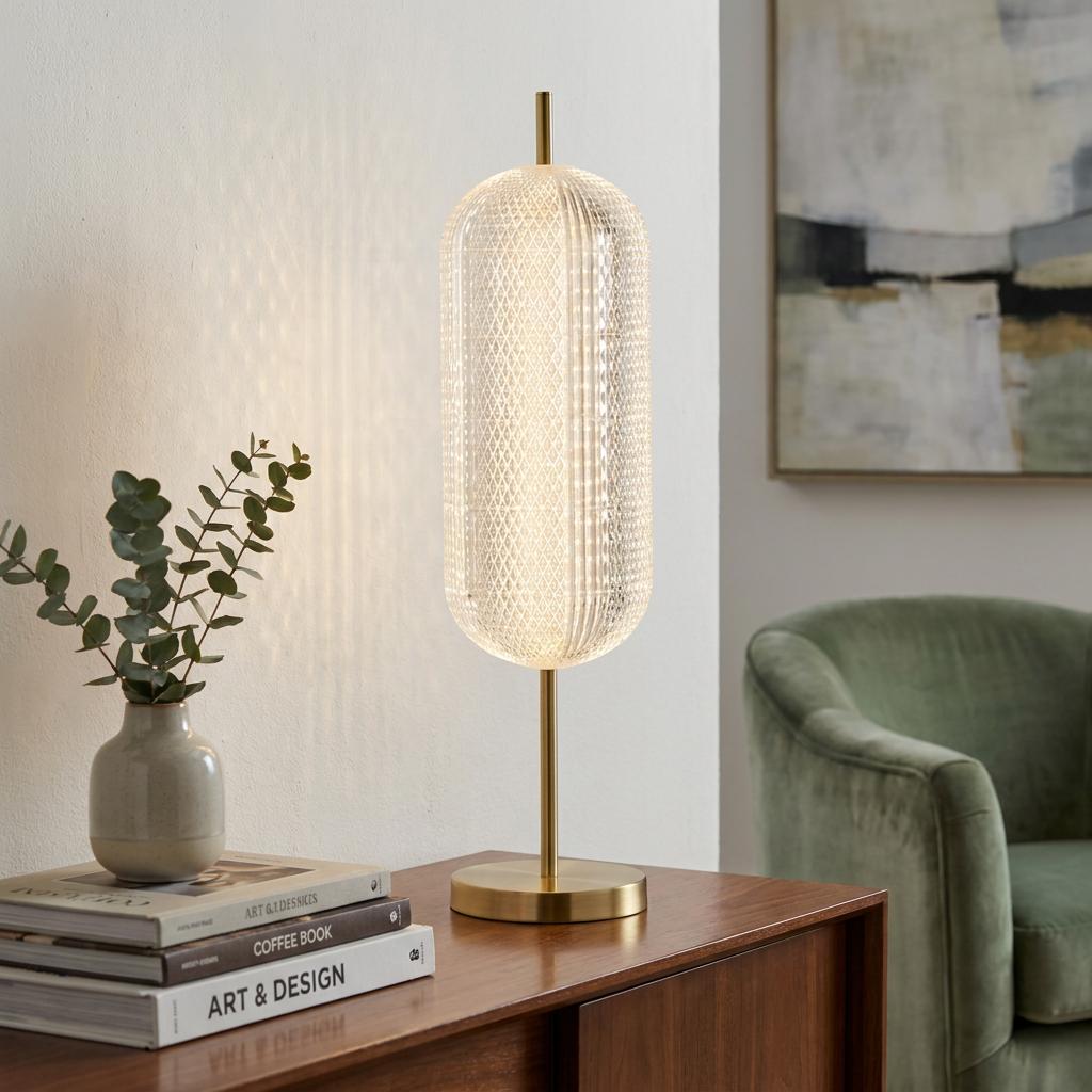 Capsule-shaped LED table lamp with a textured acrylic shade and satin brass base on a wooden sideboard in a living room.