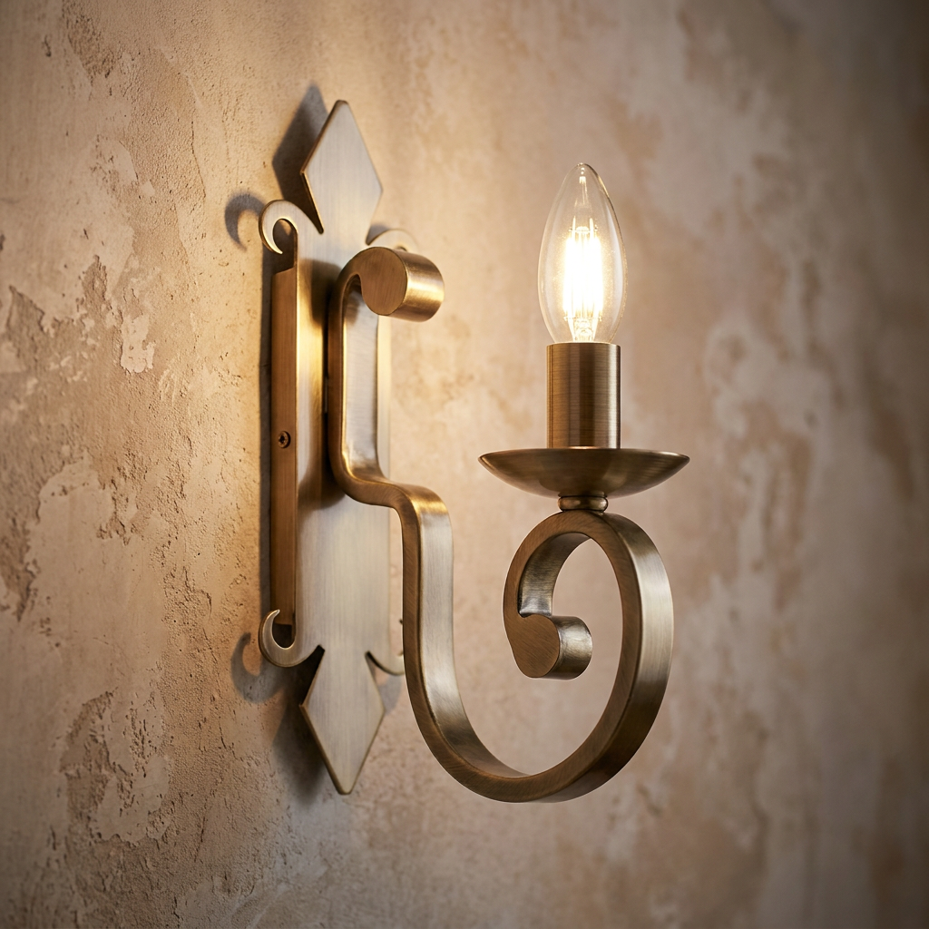 Brushed gold fleur-de-lis wall sconce with a lit candle bulb on a rustic textured wall.