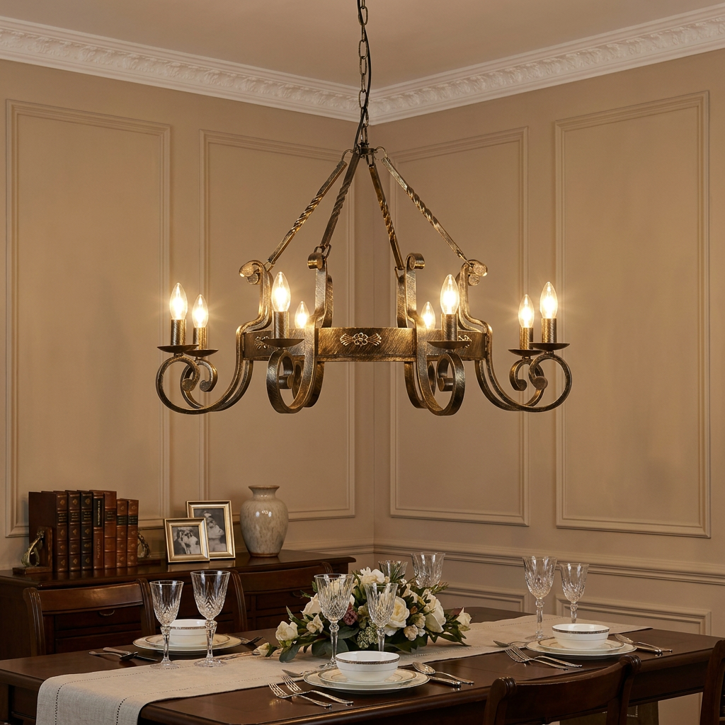 An 8-light black and brushed gold chandelier with scrolled arms hanging over an elegant dining room table.
