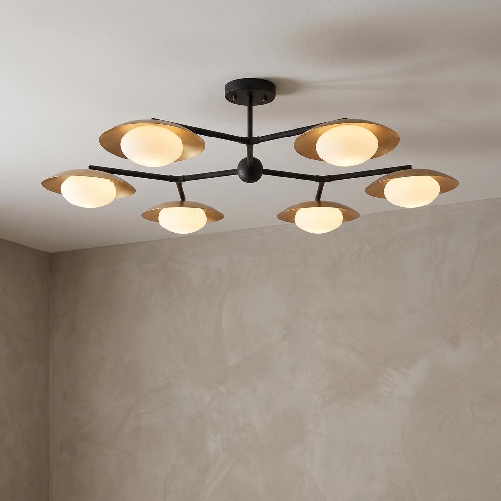 Carlton Xl 6-light semi-flush ceiling fixture with black arms, gold dish shades, and opal glass globes.