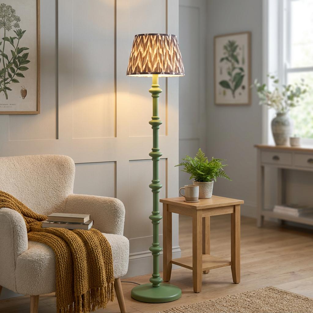 Carnaby Green spindle floor lamp with a zigzag pattern shade in a cozy living room next to a white armchair.