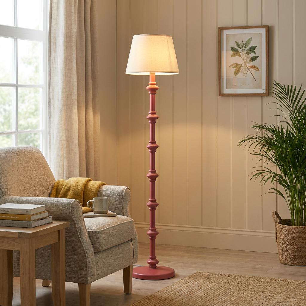 Carnaby Pink floor lamp with a vintage white shade in a cozy living room setting next to an armchair.