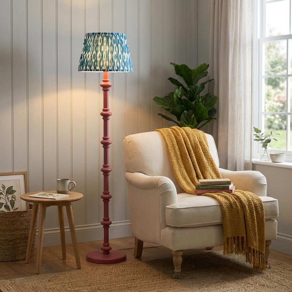 Pink spindle floor lamp with a blue ikat shade next to a white armchair and yellow throw in a cozy living room.