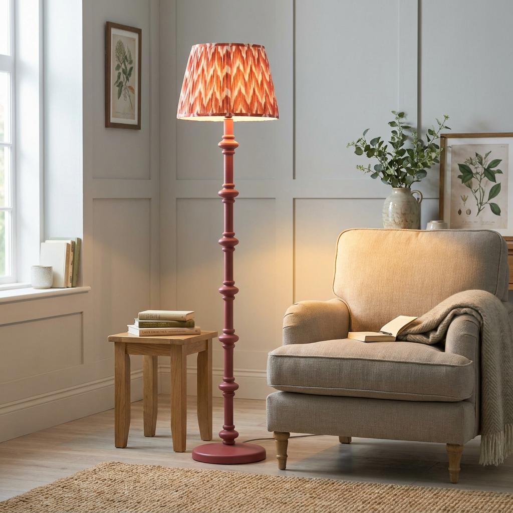 Carnaby pink wooden floor lamp with an apricot zigzag shade stands next to a beige armchair in a cozy living room.