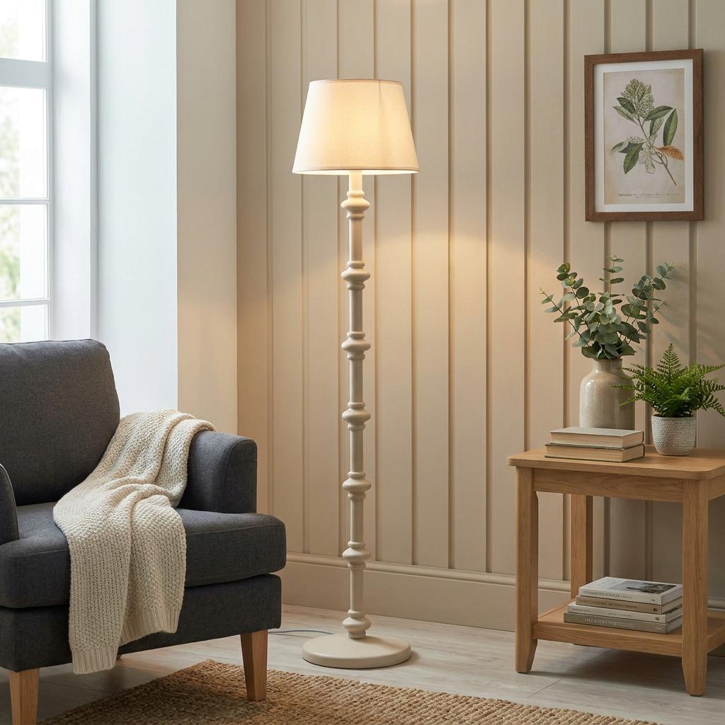 Carnaby white spindle floor lamp with a vintage white shade lit in a cozy living room corner.