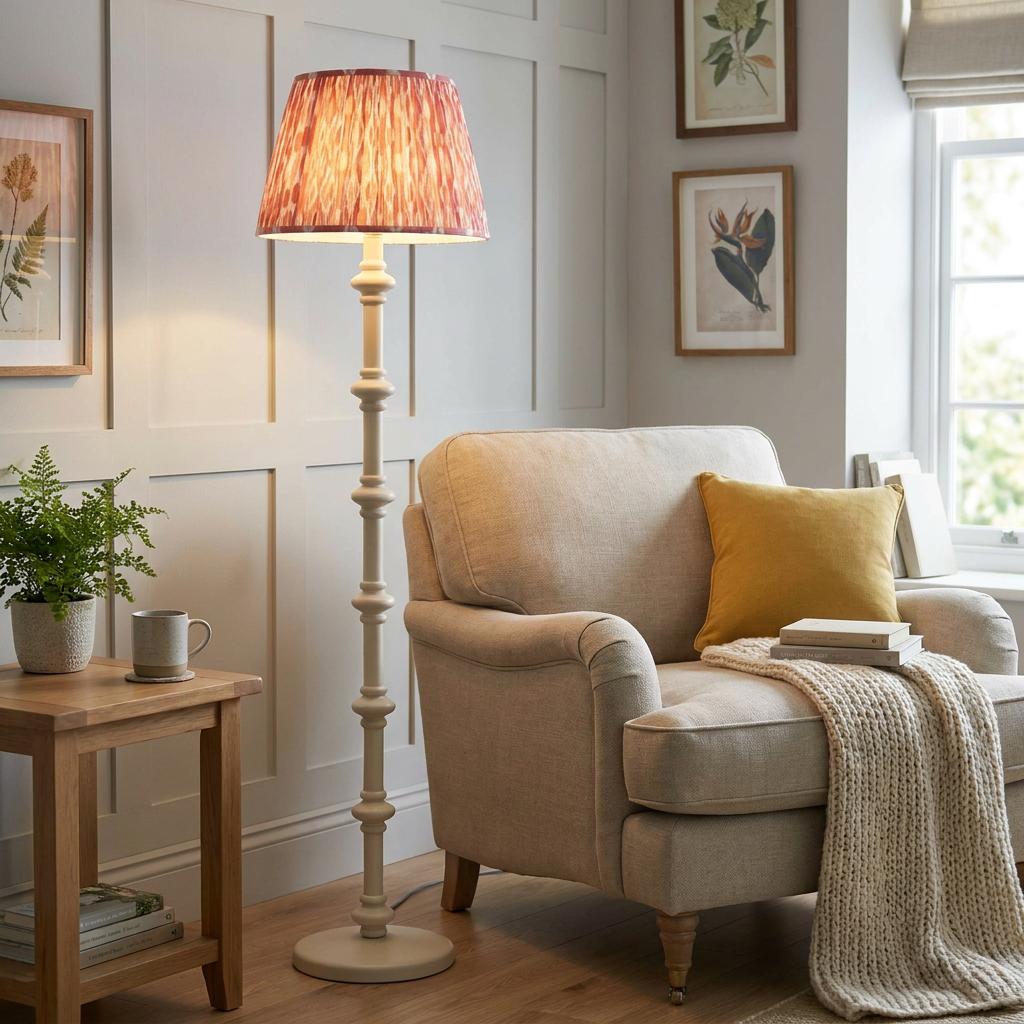 White spindle floor lamp with a lit coral pink Ikat shade in a warm, cozy living room setting.