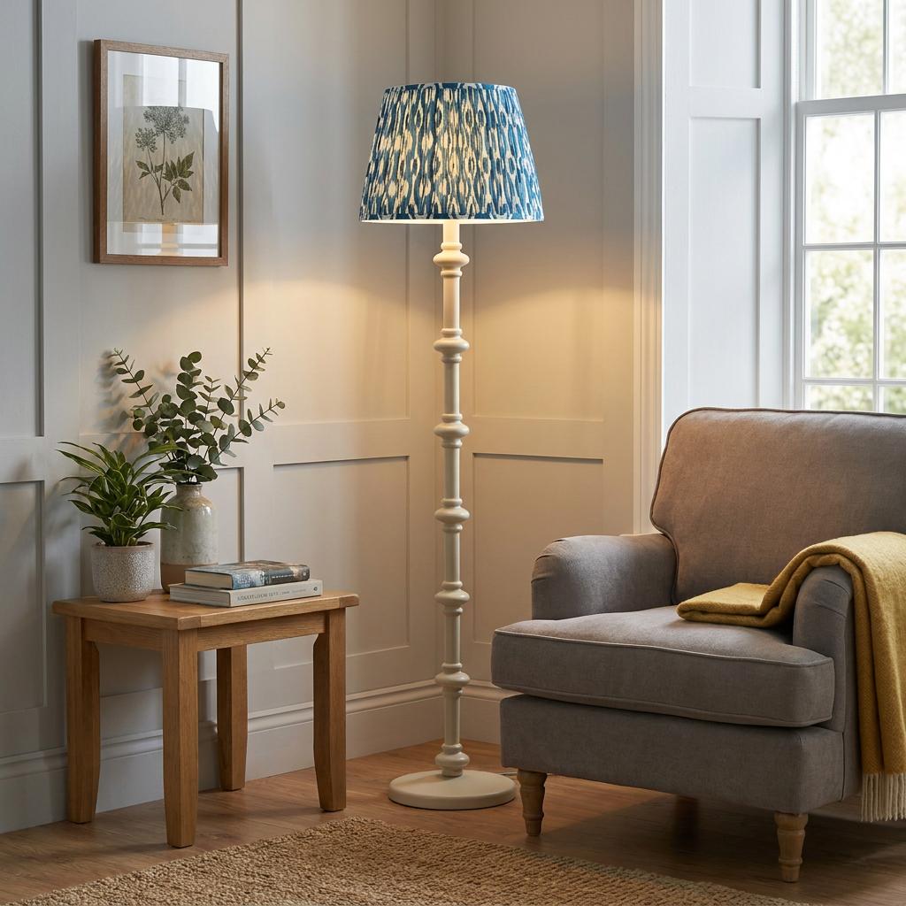 White wooden floor lamp with a blue ikat shade illuminates a cozy living room corner next to a grey armchair.