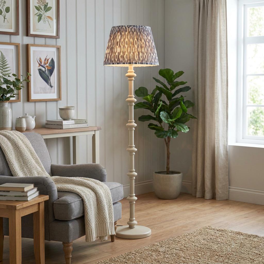 White spindle-style floor lamp with a grey ikat shade in a bright living room next to a grey armchair.