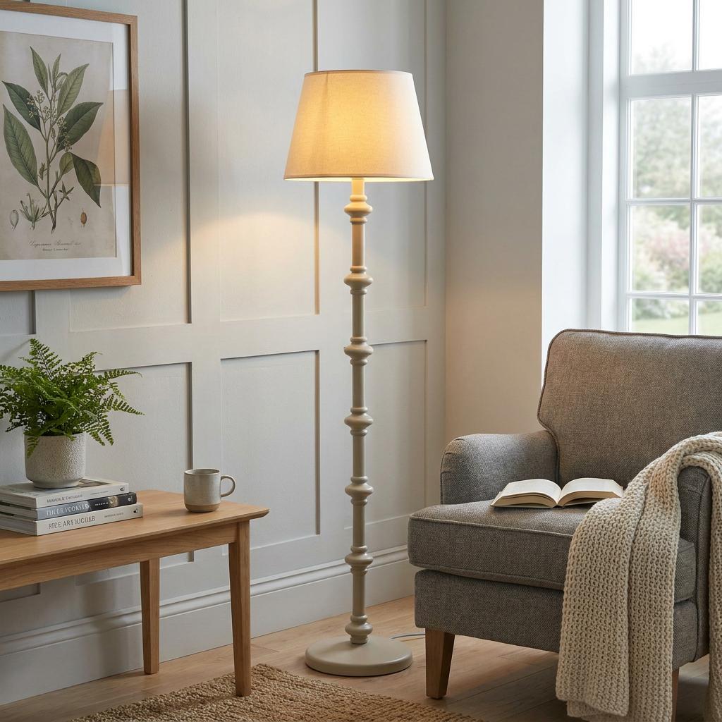 Cream spindle floor lamp with a fabric shade in a cozy living room setting next to a grey armchair.
